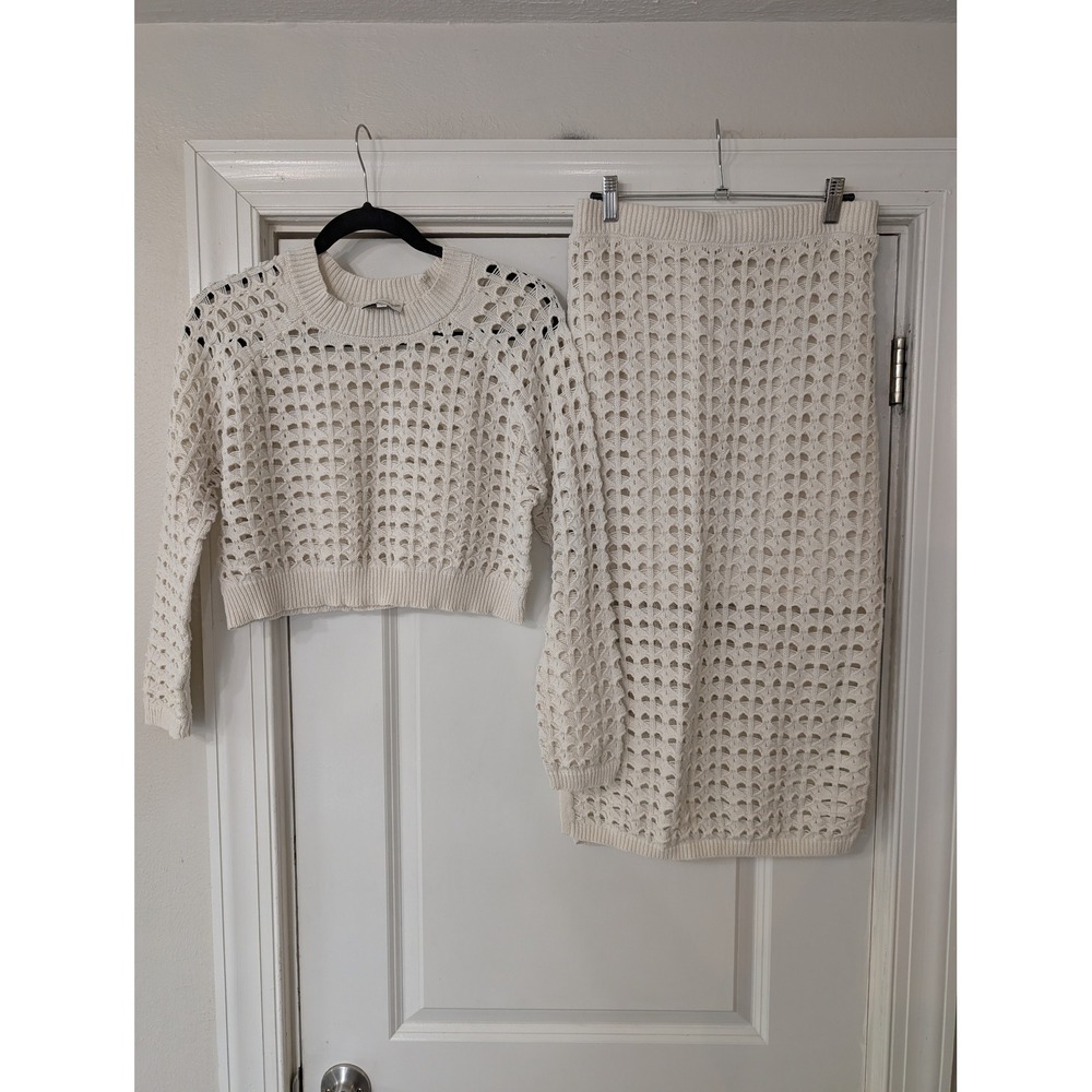 Freshman 1996 Cream Crochet Knit 2 Piece Set Crop Top & Midi Skirt Womens Medium